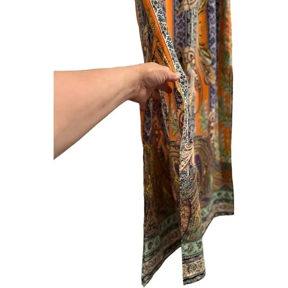 Tyche Maxi Skirt. Floral Paisley Stripes Slits on Sides, Orange, Purple. Large. - Picture 5 of 16